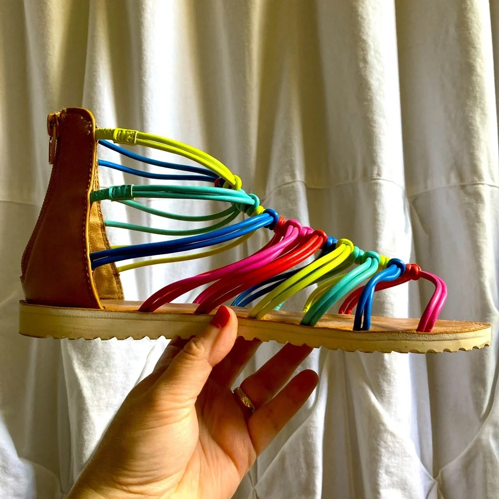 *3 for $20* Stevie’s rainbow gladiator-style sandals, women’s size 5. - Picture 7 of 14